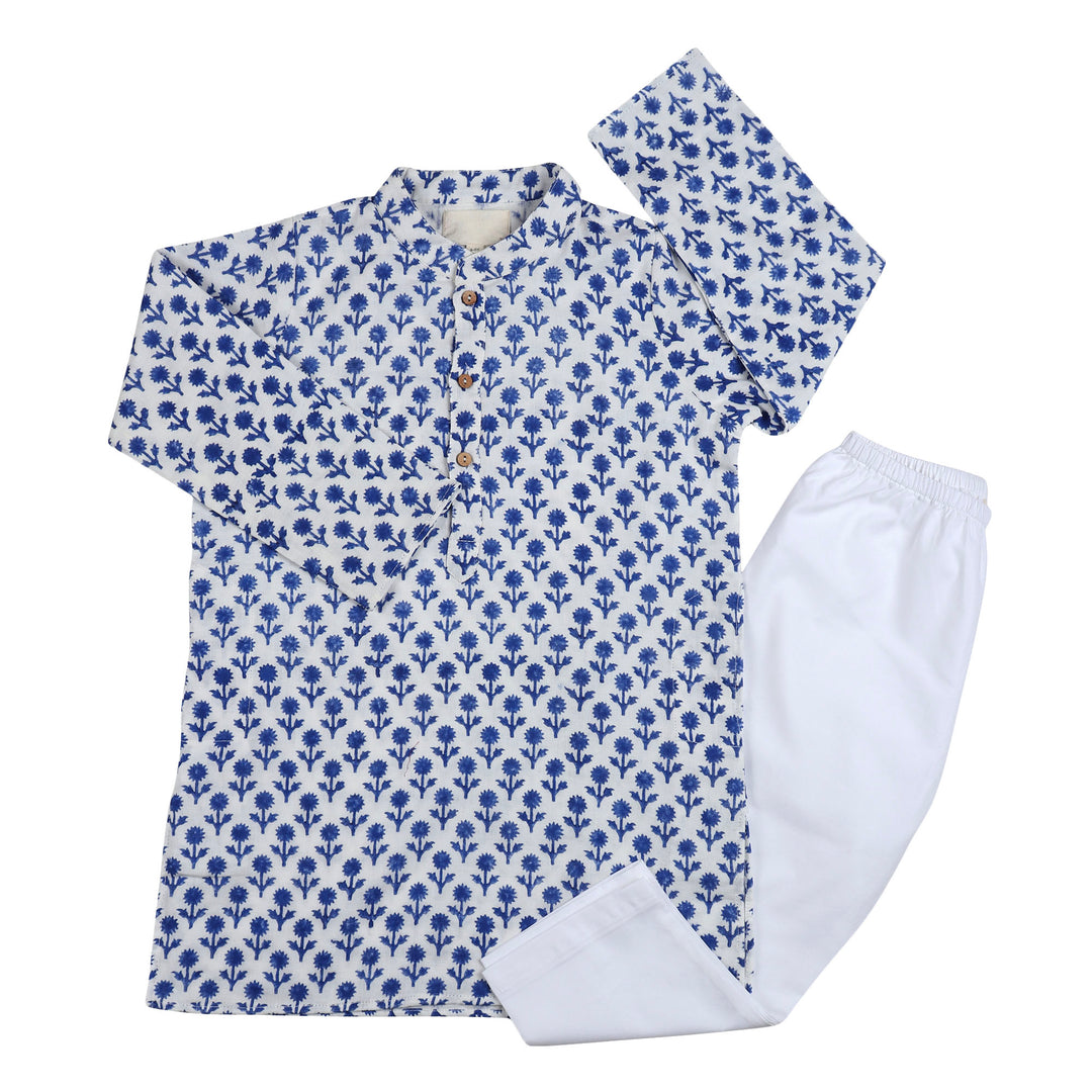 BLUE FLORAL HAND BLOCK PRINT KURTA PAJAMA - Coconut Shell Buttons