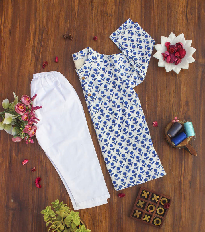 BLUE FLORAL HAND BLOCK PRINT KURTA PAJAMA - Coconut Shell Buttons