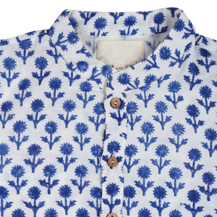 BLUE FLORAL HAND BLOCK PRINT KURTA PAJAMA - Coconut Shell Buttons
