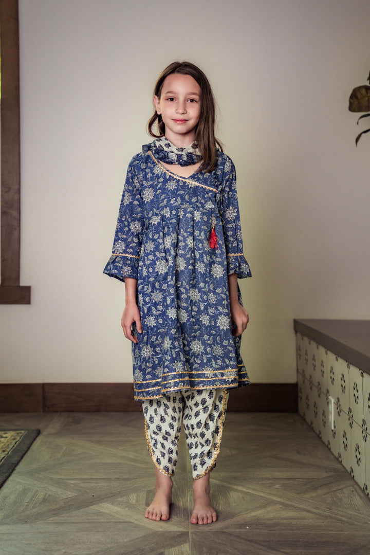 Printed Blue Anarkali-Dhoti Pant Set