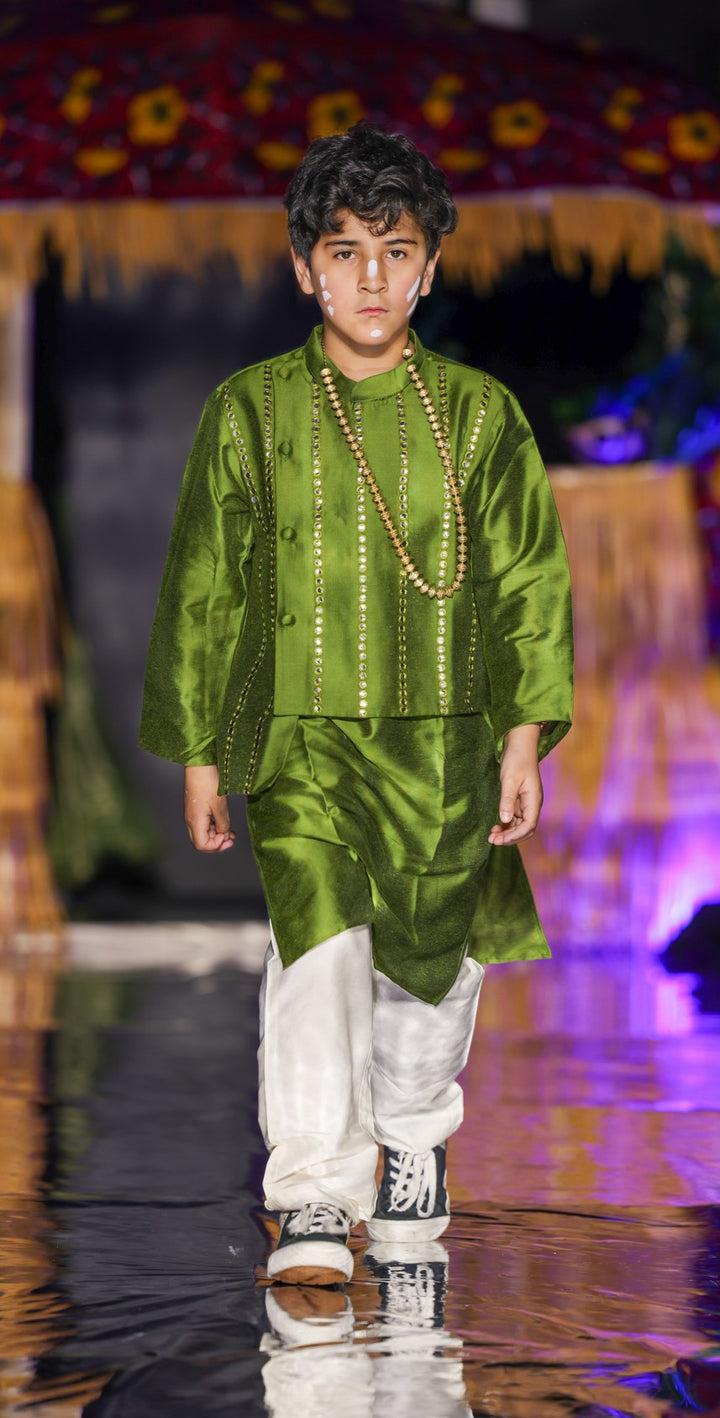 Mehendi Green Cotton Silk Mirror Work Kurta with attached Asymmetric Jacket