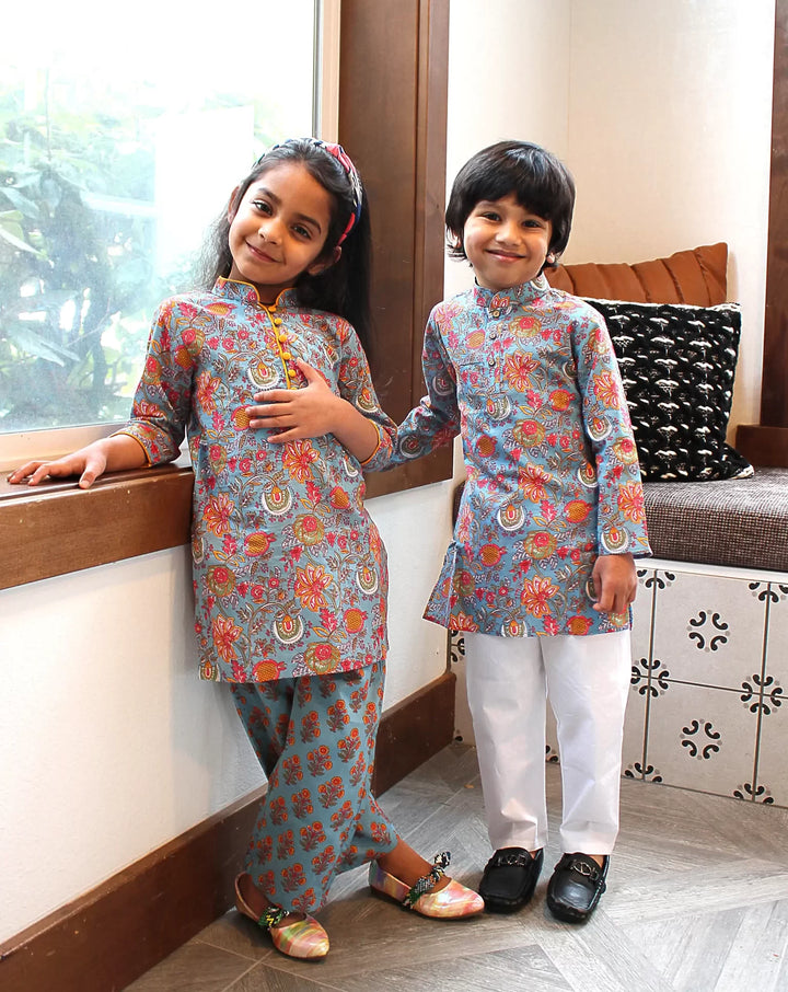 Multi-colored Block Print Kurta Pajama