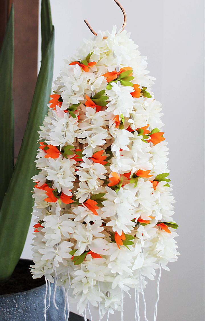 Gajra - White with Orange and Green accents (Natural looking flowers)