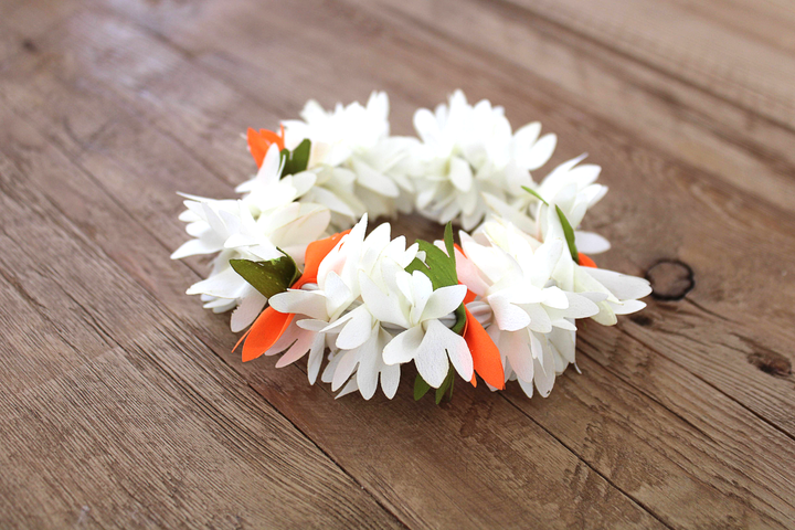 Gajra - White with Orange and Green accents (Natural looking flowers)