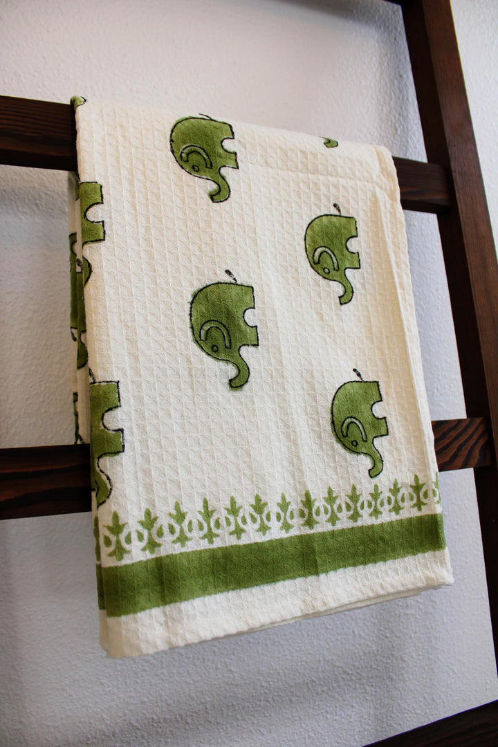 Hand Block Print 100% Cotton Towel - Elephant - Green