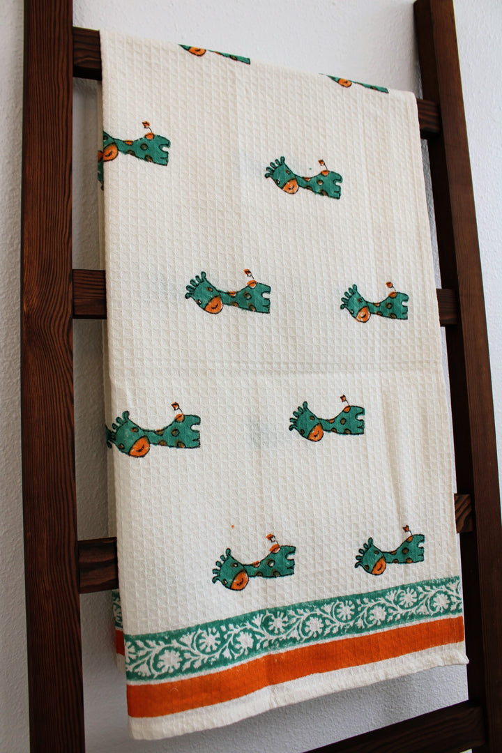 Hand Block Print 100% Cotton Towel - Giraffe - Blue & Orange