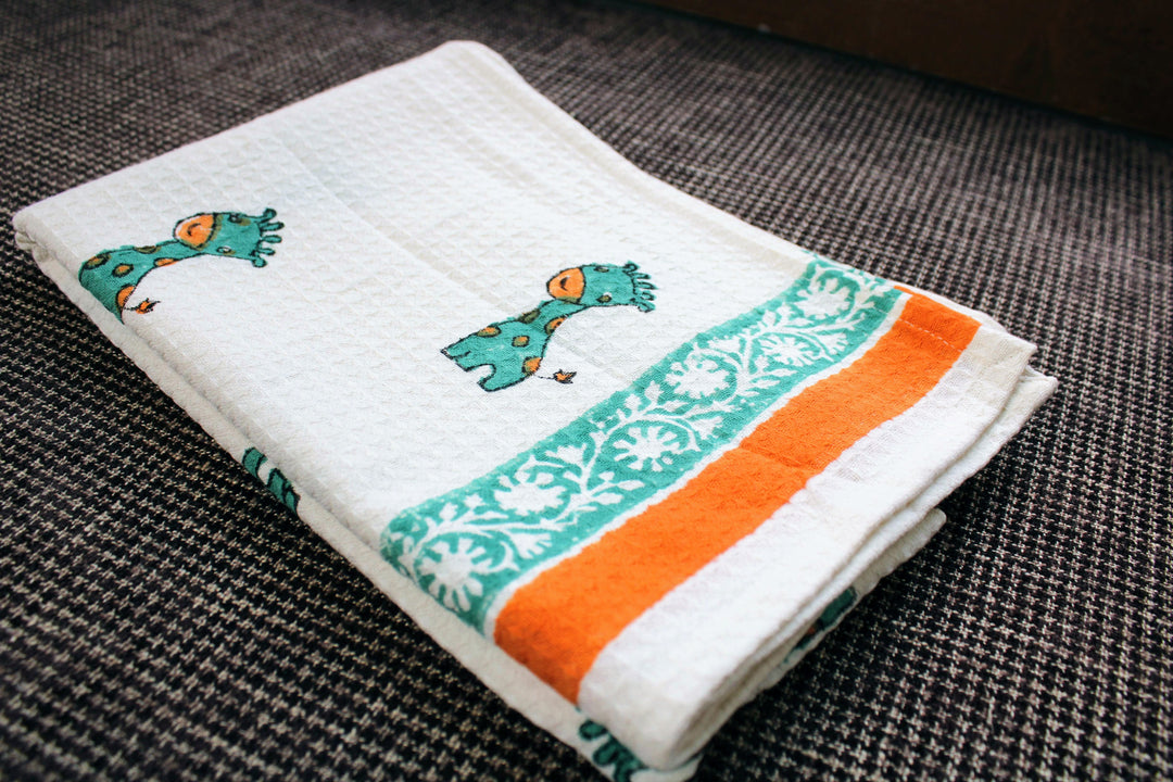 Hand Block Print 100% Cotton Towel - Giraffe - Blue & Orange