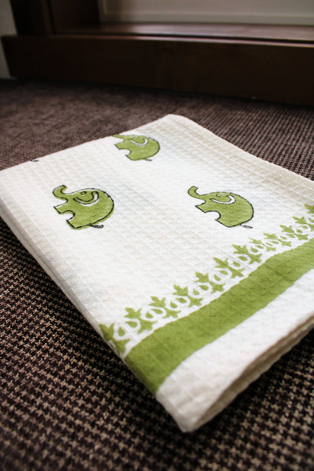 Hand Block Print 100% Cotton Towel - Elephant - Green