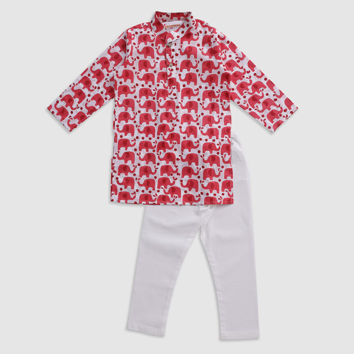 Tomato Red Elephant Block Print Kurta Pajama