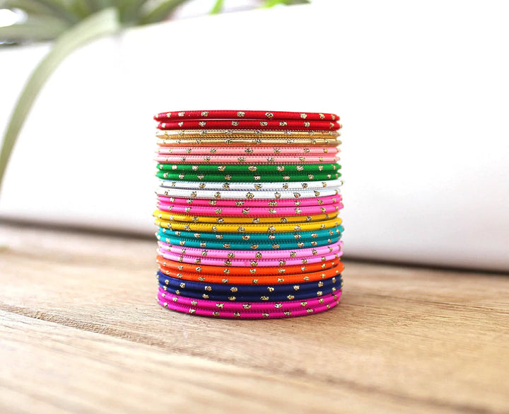 Gorgeous Metal Bangle Set - Rainbow multicolored with glitter dots - Set of 24 kids bangles