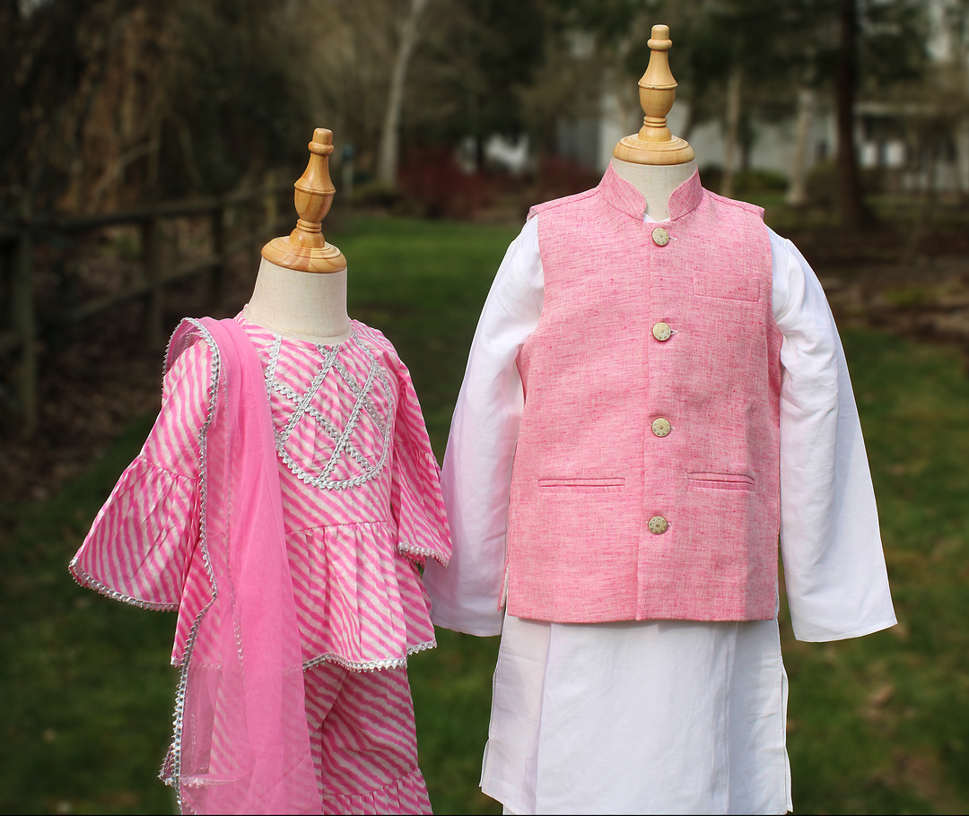 Pink and White Lenin cotton Jacket Set