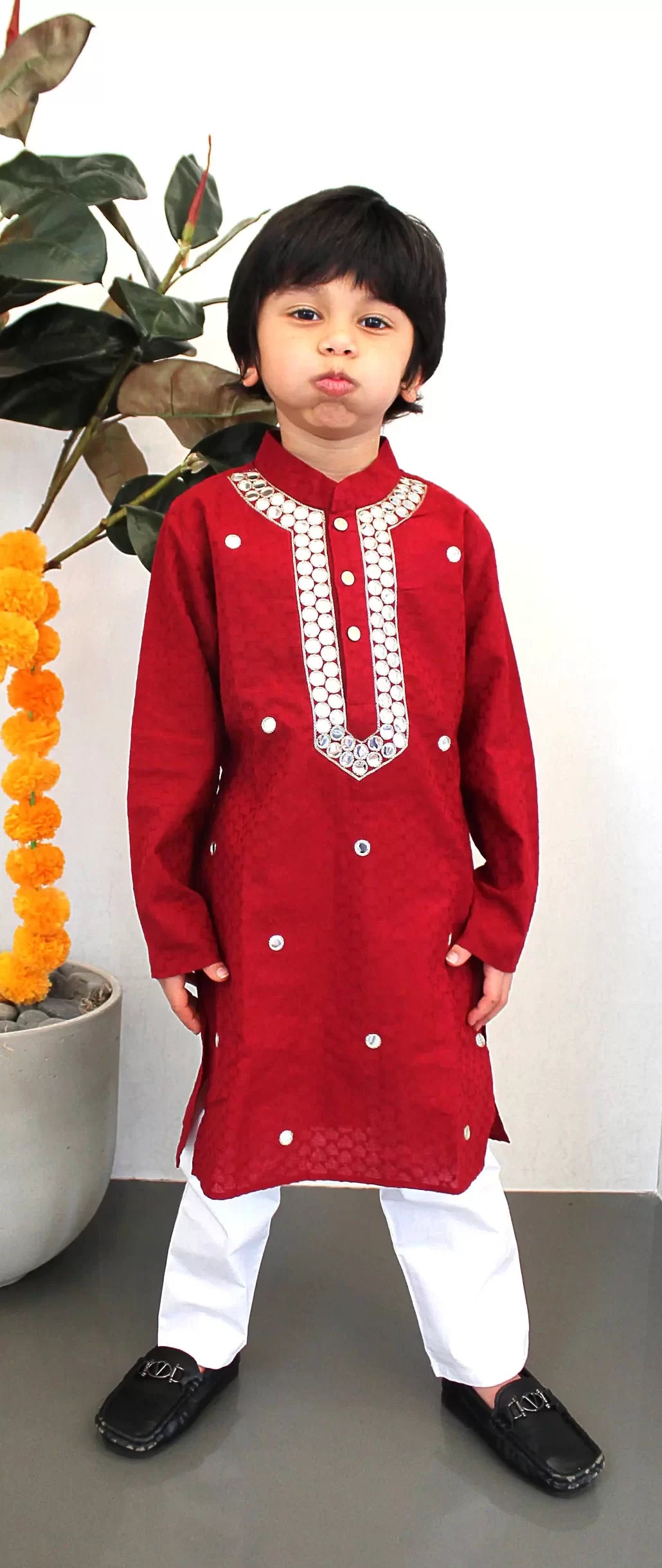 Jacquard Maroon Faux Mirror Kurta Pajama